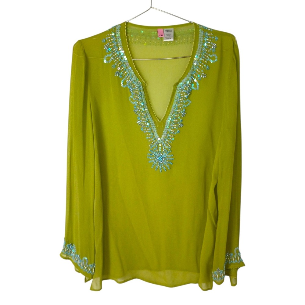 Vintage Itsu 100% Silk Beaded Lime Green Tunic Blouse Sequin Boho Size 14